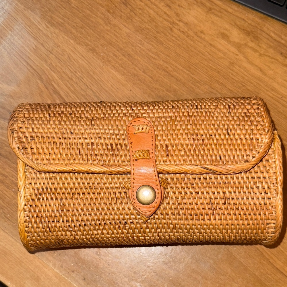 Woven Rattan Clutch with Tan Leather Accent